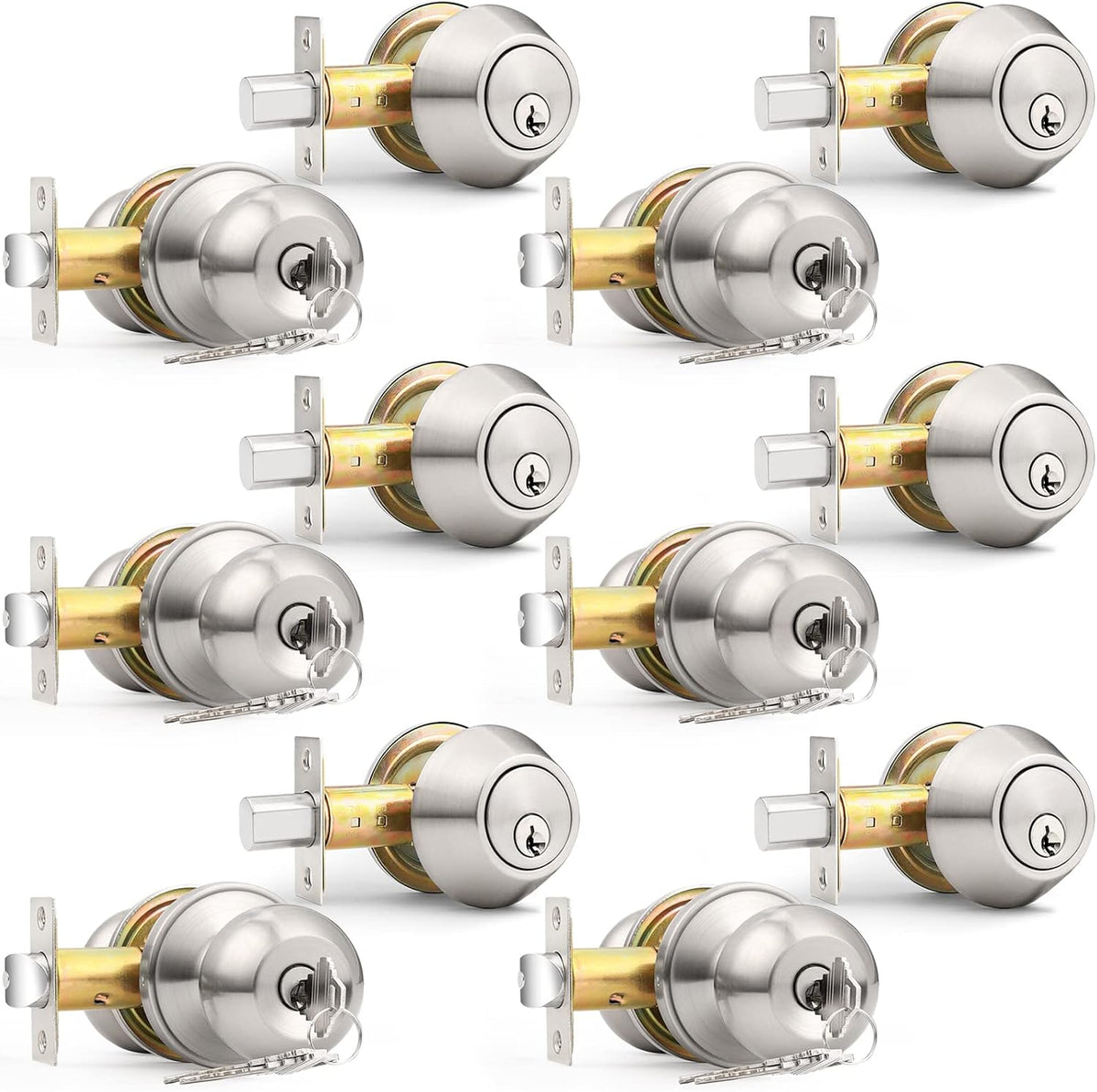 Probrico 6 Pack Exterior Door Knob and Single Cylinder Deadbolt Lock Combo Set, Brushed Nickel Front Door Handle with Lock and Key, Keyed Alike