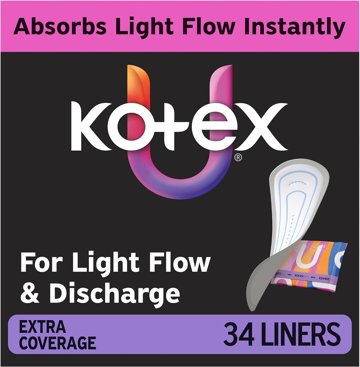 Kotex Wrapped Liners, Light Absorbency, Extra Coverage, 34 Count