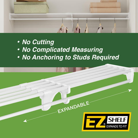 EZ SHELF Closet Shelf with Hanging Rod - 28-48” Expandable, White, Closet Shelves - Strong, Holds 200 lbs - DIY, Easy Install to 2 Side Walls - Alternative to Wire Shelving