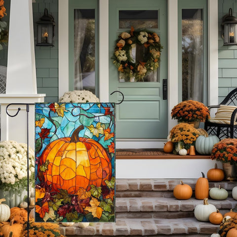 Fall Garden Flag For Outdoor Decor Thanksgiving Garden Flags Autumn Stained Glass Pumpkin Maple Leaf Double Sided Small Burlap Outside Porch Lawn Yard Flags Decorations 12.5x18 Inch
