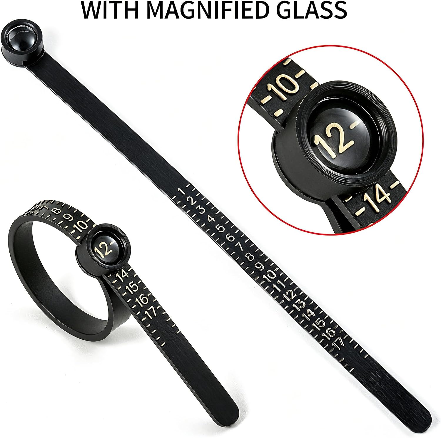 Bflaae Ring Sizer Measuring Tool Kit, 27 PCS Stainless Steel Measuring Ring Tool, US Ring Size 0-13 with Half Size, 2 PCS Reusable Finger Size Tape with Magnified Glass 1-17 USA Rings Size