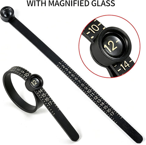 Bflaae Ring Sizer Measuring Tool Kit, 27 PCS Stainless Steel Measuring Ring Tool, US Ring Size 0-13 with Half Size, 2 PCS Reusable Finger Size Tape with Magnified Glass 1-17 USA Rings Size
