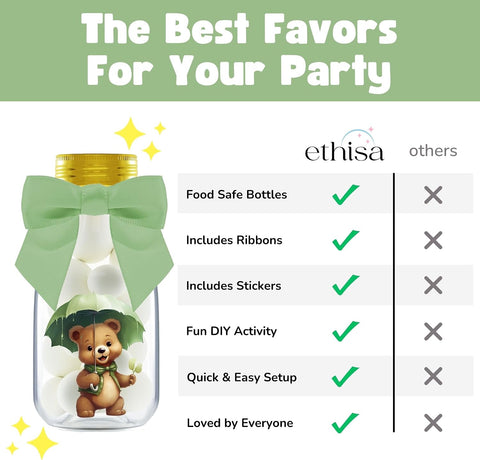 Ethisa Small 12 Pack Woodland We Can Bearly Wait Party Favors - Gender Neutral Jars with Ribbons and Stickers - DIY Sage Green Party Decoration Candy Bottles for Teddy Bear Baby Shower and Reveal