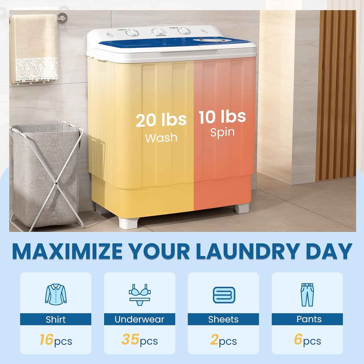 Zynkez Portable Washing Machine, 30Lbs Twin Tub Washer and Dryer Combo with Built-in Drain Pump, 18Lbs Washer & 12Lbs Spinner, Semi-Automatic Washer and Spinner Combo for Apartments, RVs, Dorms