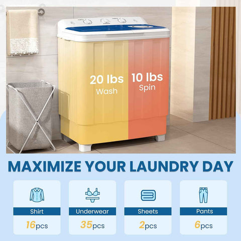 Zynkez Portable Washing Machine, 30Lbs Twin Tub Washer and Dryer Combo with Built-in Drain Pump, 18Lbs Washer & 12Lbs Spinner, Semi-Automatic Washer and Spinner Combo for Apartments, RVs, Dorms