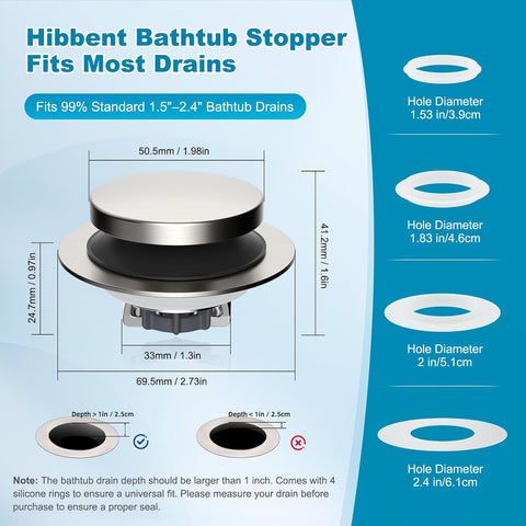 Hibbent 3 in 1 Metal Bathtub Drain Stopper, Universal Pop Up Tub Stopper