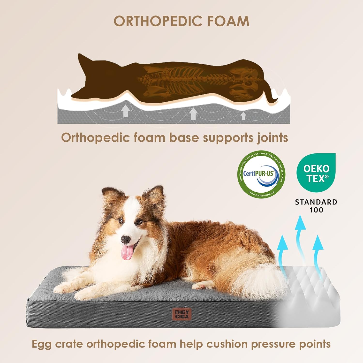 EHEYCIGA Orthopedic Dog Bed Large with Removable Washable Cover, Grey, 36IN