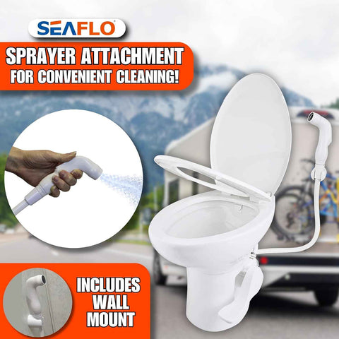 SEAFLO Porcelain RV Toilet with Sprayer Attachment - Elongated Bowl 19” Inch Residential Height, Gravity Flush, Foot Pedal Soft Close Seat Camper Motorhome Easy Install 4 -year Warranty SFRTCH-02-02