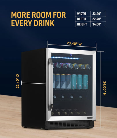 NewAir 24" Single Zone Beverage & Wine Fridge | Beverage & Wine Refrigerator for 49 Bottles or 179 Cans | Freestanding or Built-In Under Counter Mini Fridge for Beer, Wine & Soda | Stainless Steel
