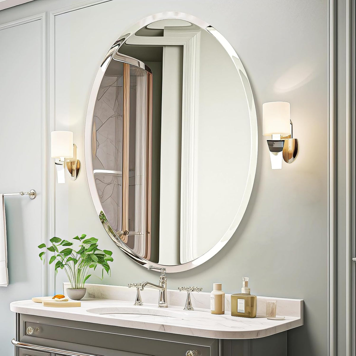 USHOWER Bathroom Mirror for Over Sink, 24x36 Inch Oval Frameless Mirror