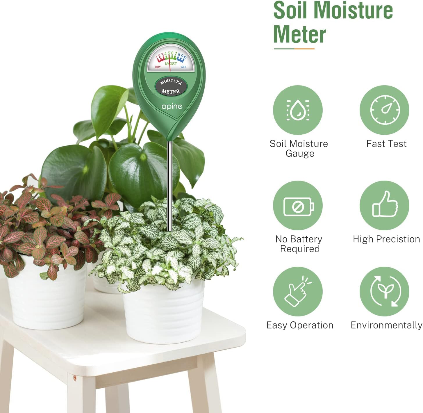 apine Soil Moisture Meter,Plants Moisture Meter,Plant Water Meter for Indoor/Outdoor Plants,Hydrometer for Plants（Green）