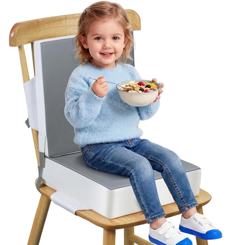 Booster Seat for Kitchen Chair - Toddler Booster Seat for Dining Table - PU Washable Double-Safety Straps with Buckle, Kids Portable Outdoor Booster Seat (Grey)