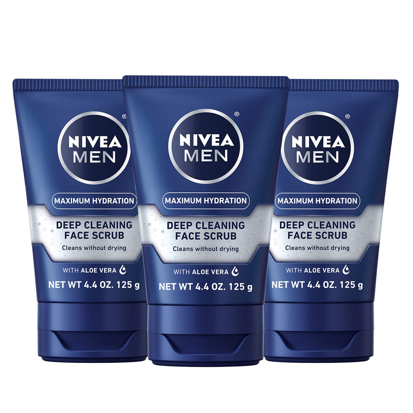 NIVEA MEN Maximum Hydration Deep Cleaning Face Scrub with Aloe Vera and Provitamin B5, Exfoliating Face Wash Cleanses Without Drying, 3 Pack of 4.4 Oz Tubes