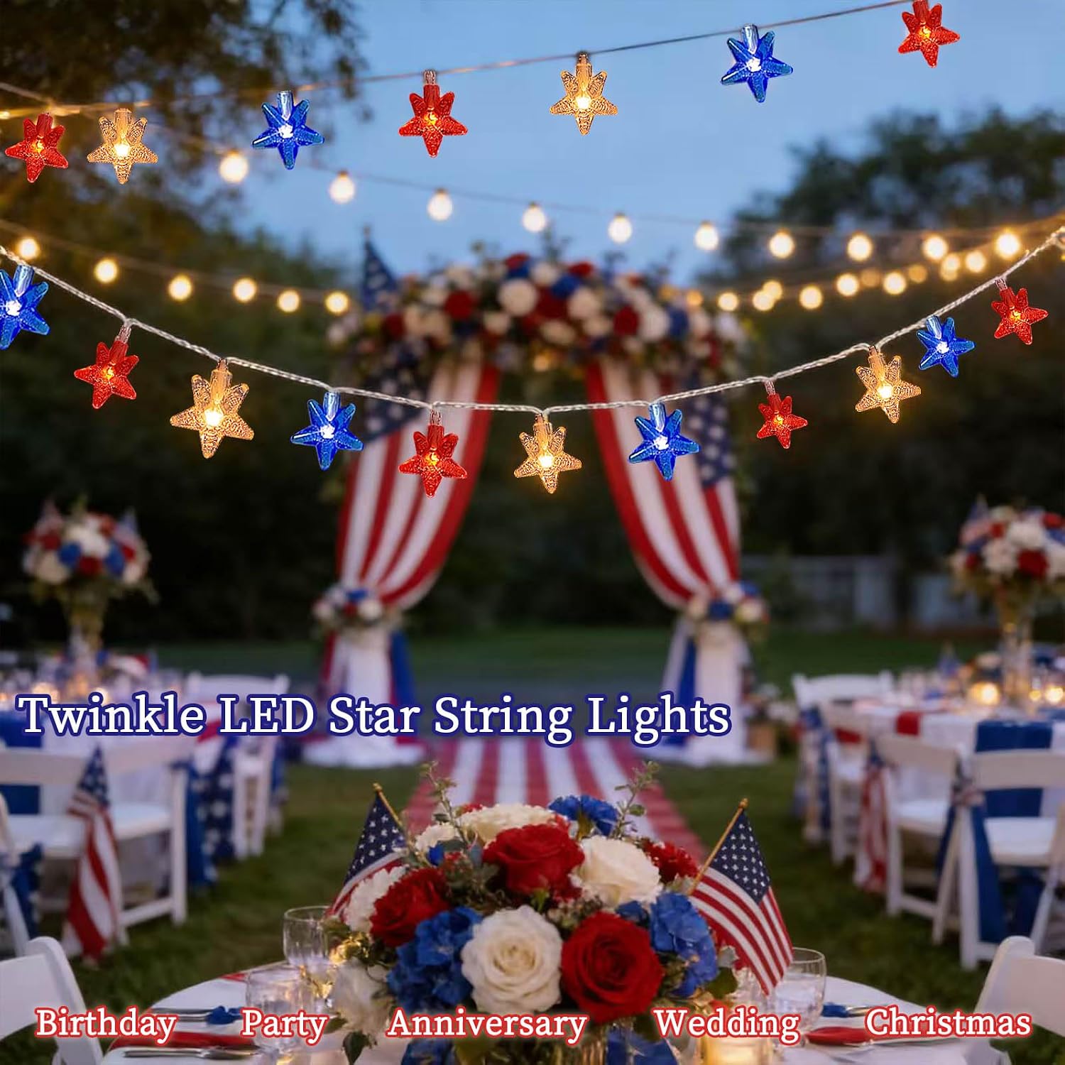 Red White Blue Patriotic String Lights 20FT 40 LED Star Fairy Lights USB and Battery Operated 2 Lighting Modes IP42 Waterproof Indoor Outdoor All Season Americana Decor for Bedroom Desk Patio Camping