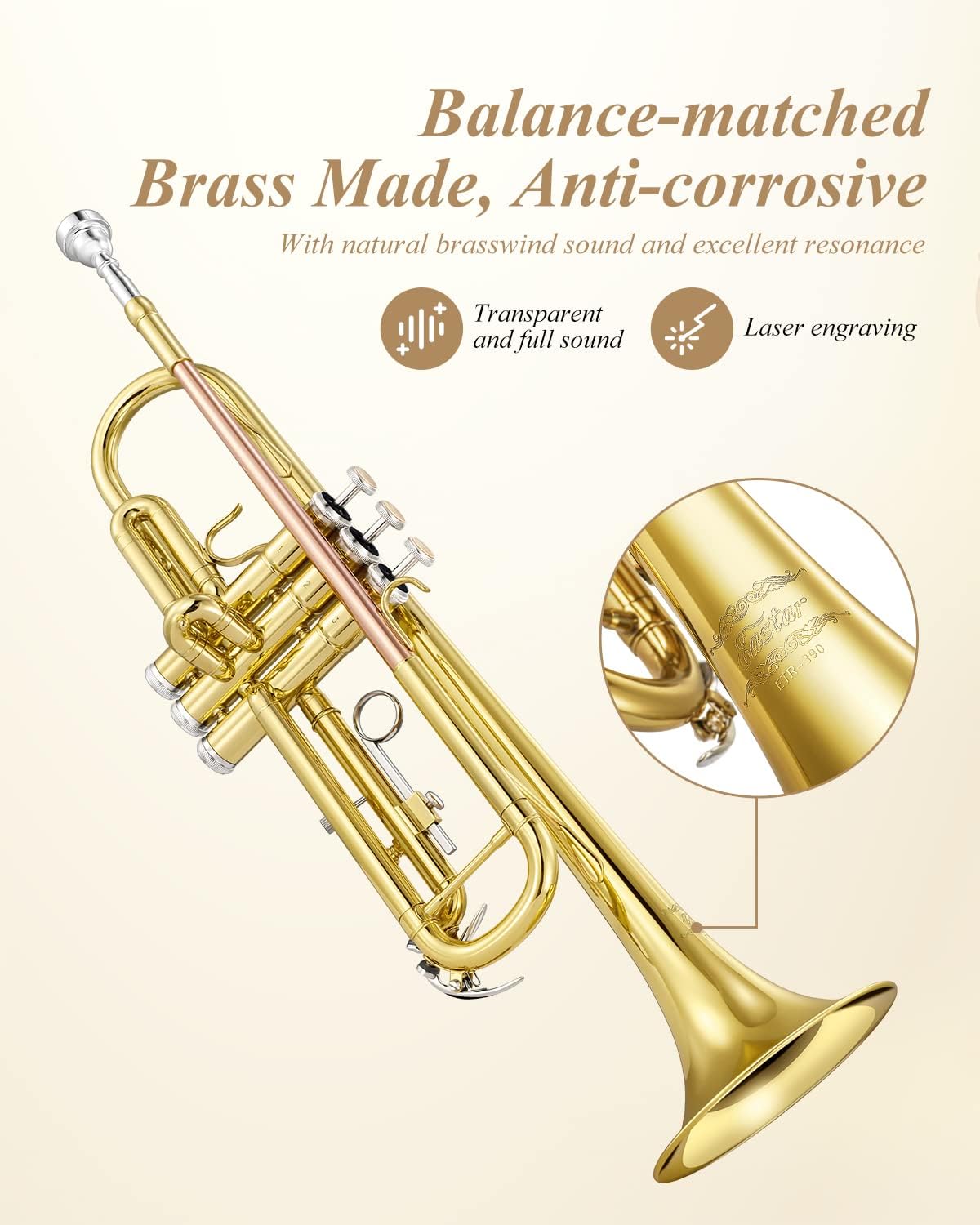 Eastar ETR-390 Standard B Flat Trumpet for Beginners Intermediate, Advanced Upgraded Trumpet Instrument with Hard Case, Cleaning Kit, 7C Mouthpiece, Gloves, Golden