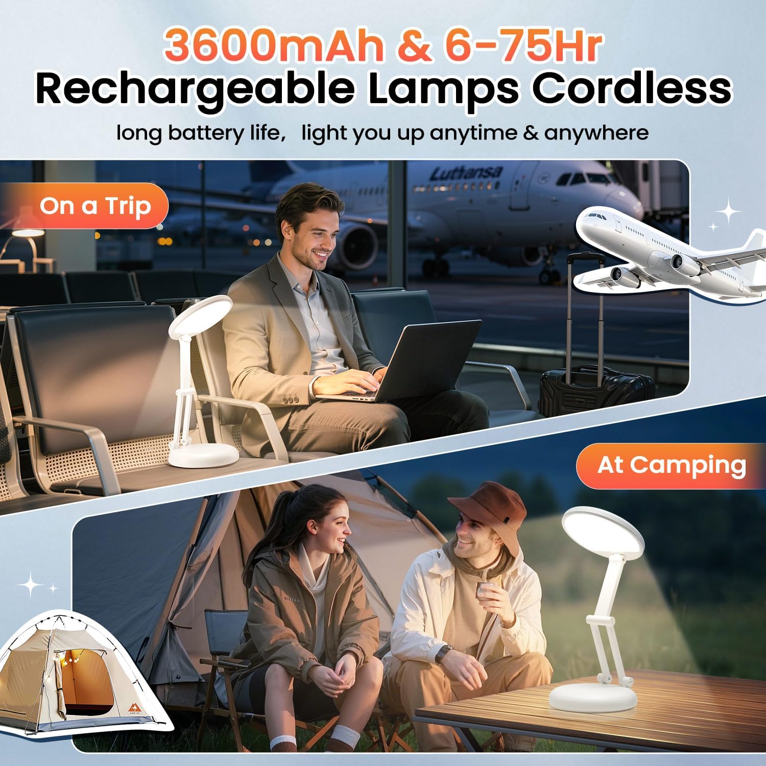 One Fire Rechargeable Table Lamp, 3600mAh Battery Operated Lamp Desk Lamp