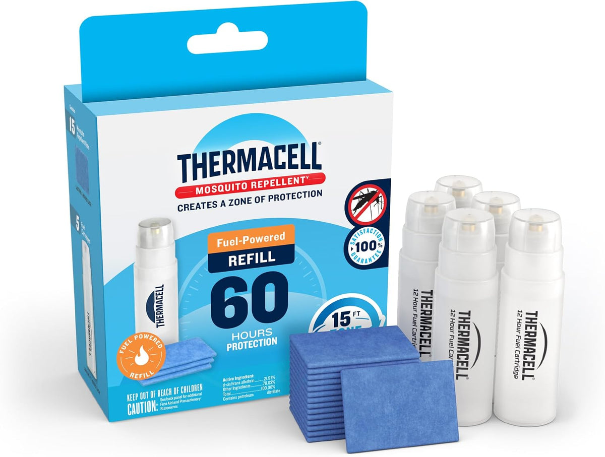 Thermacell Mosquito Repellent Refills, 60-Hour Pack; Contains 15 Repellent Mats, 5 Fuel Cartridges; Compatible with Any Fuel-Powered Thermacell Product; No Spray, Scent, Mess
