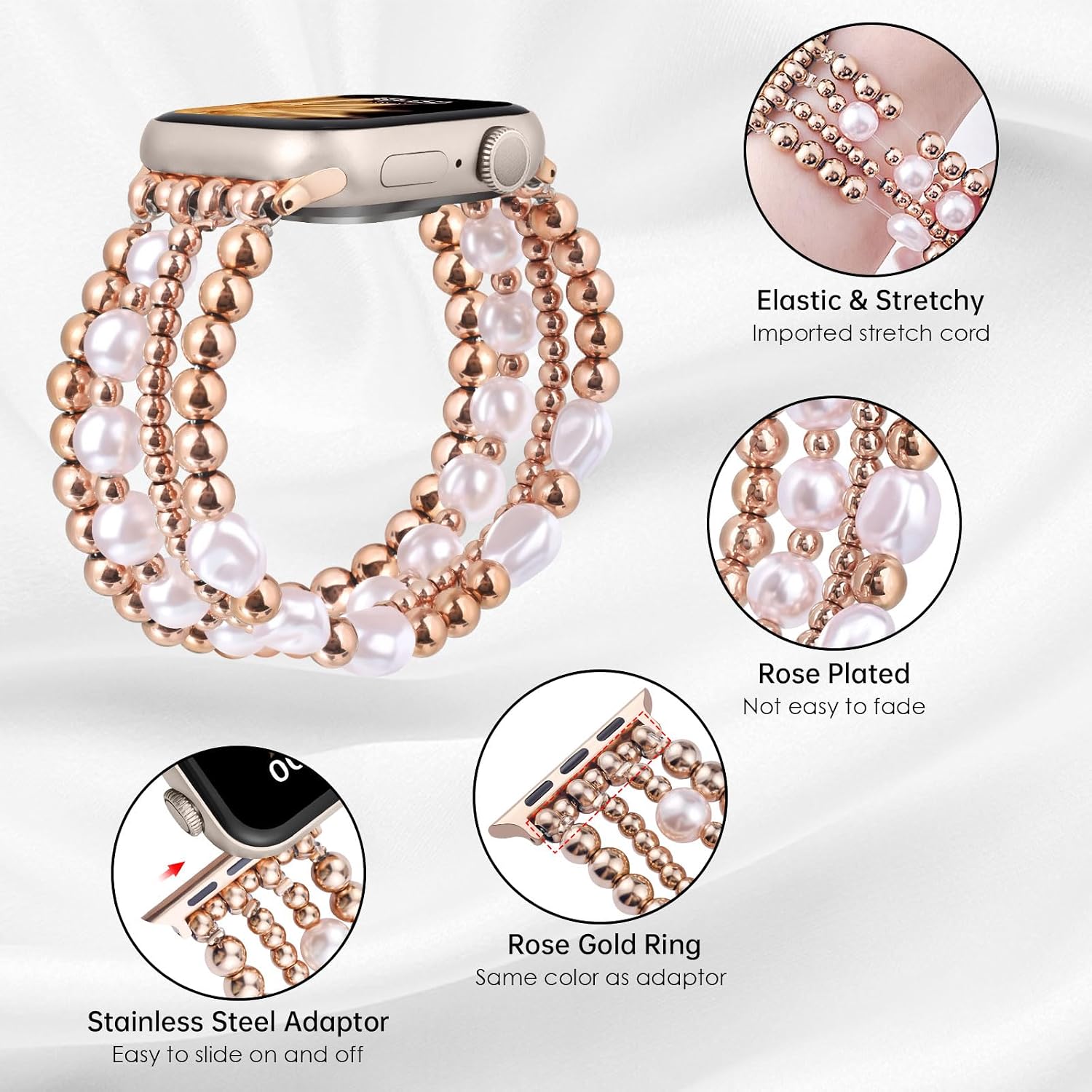 AIRSPO Gold Beaded Bracelets Compatible for Apple Watch Band 38mm 40mm 41mm 42mm Women, Fashion Handmade Dressy iPhone Watch Bands Stainless Steel Beads Elastic Strap for iWatch Series 11 10 9 SE 8 7 6 5 4 3 2 1 (Pink Pearl Rose Gold)