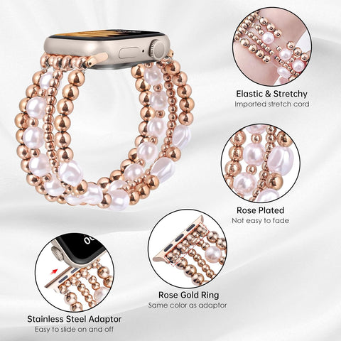 AIRSPO Gold Beaded Bracelets Compatible for Apple Watch Band 38mm 40mm 41mm 42mm Women, Fashion Handmade Dressy iPhone Watch Bands Stainless Steel Beads Elastic Strap for iWatch Series 11 10 9 SE 8 7 6 5 4 3 2 1 (Pink Pearl Rose Gold)