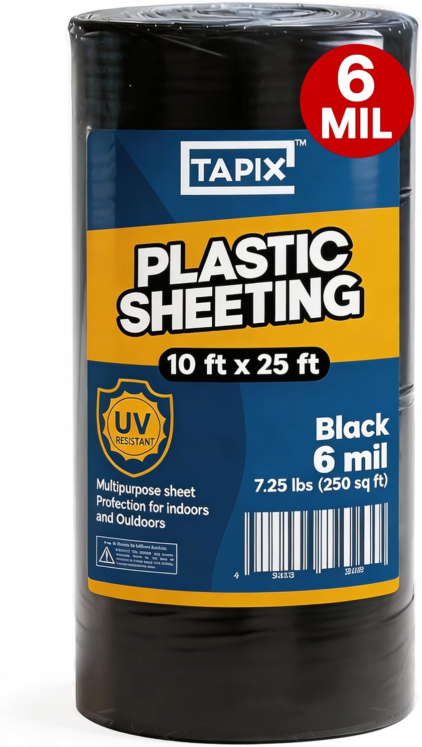 Black Plastic Sheeting 10' x 25', 6 Mil Heavy Duty Polyethylene Film