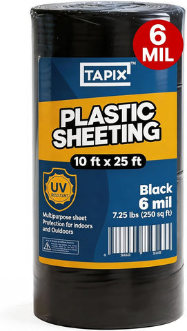 Black Plastic Sheeting 10' x 25', 6 Mil Heavy Duty Polyethylene Film