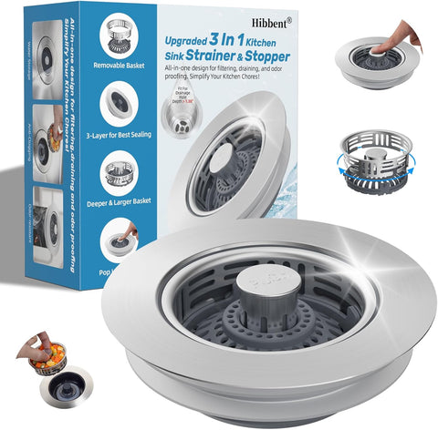 Hibbent 3 in 1 Kitchen Sink Drain Strainer, Metal Pop Up Stopper