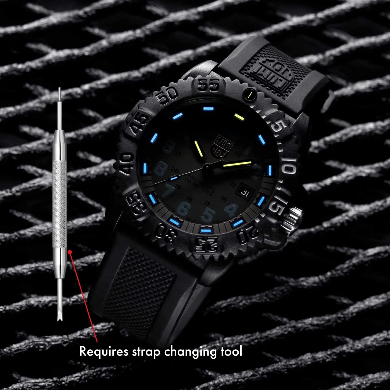 Luminox Watch Strap FPX.3050.20B.2.K - 23mm Black Rubber Watch Band with Stainless Steel Buckle for 3050 3051 3080 3081 8820 8821 8822, black/grey, Strap.