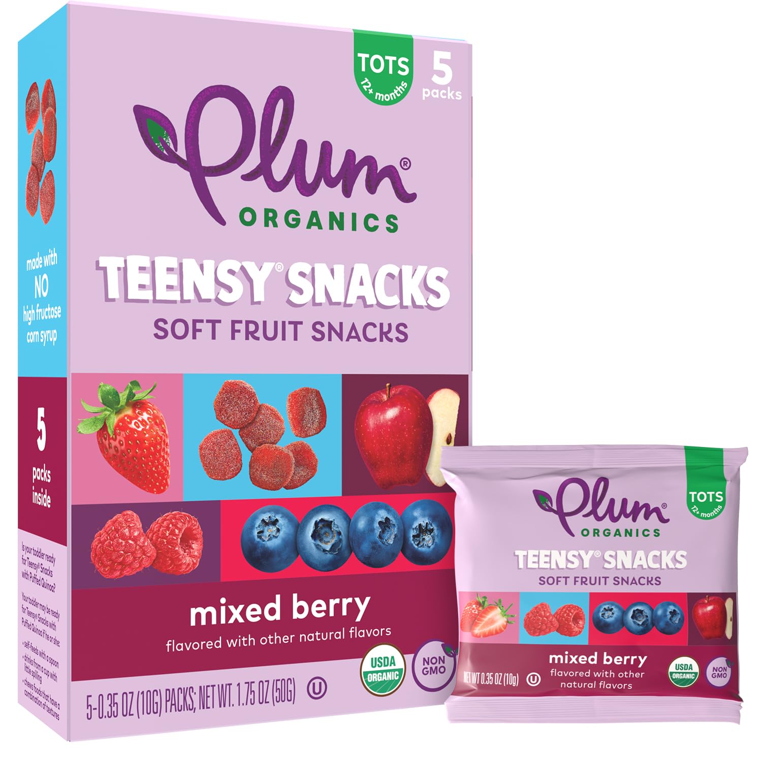 Plum Organics Teensy Snacks Organic Toddler Fruit Snacks, Berry, 0.35 Ounce Bags, 5 Count (Pack of 8)