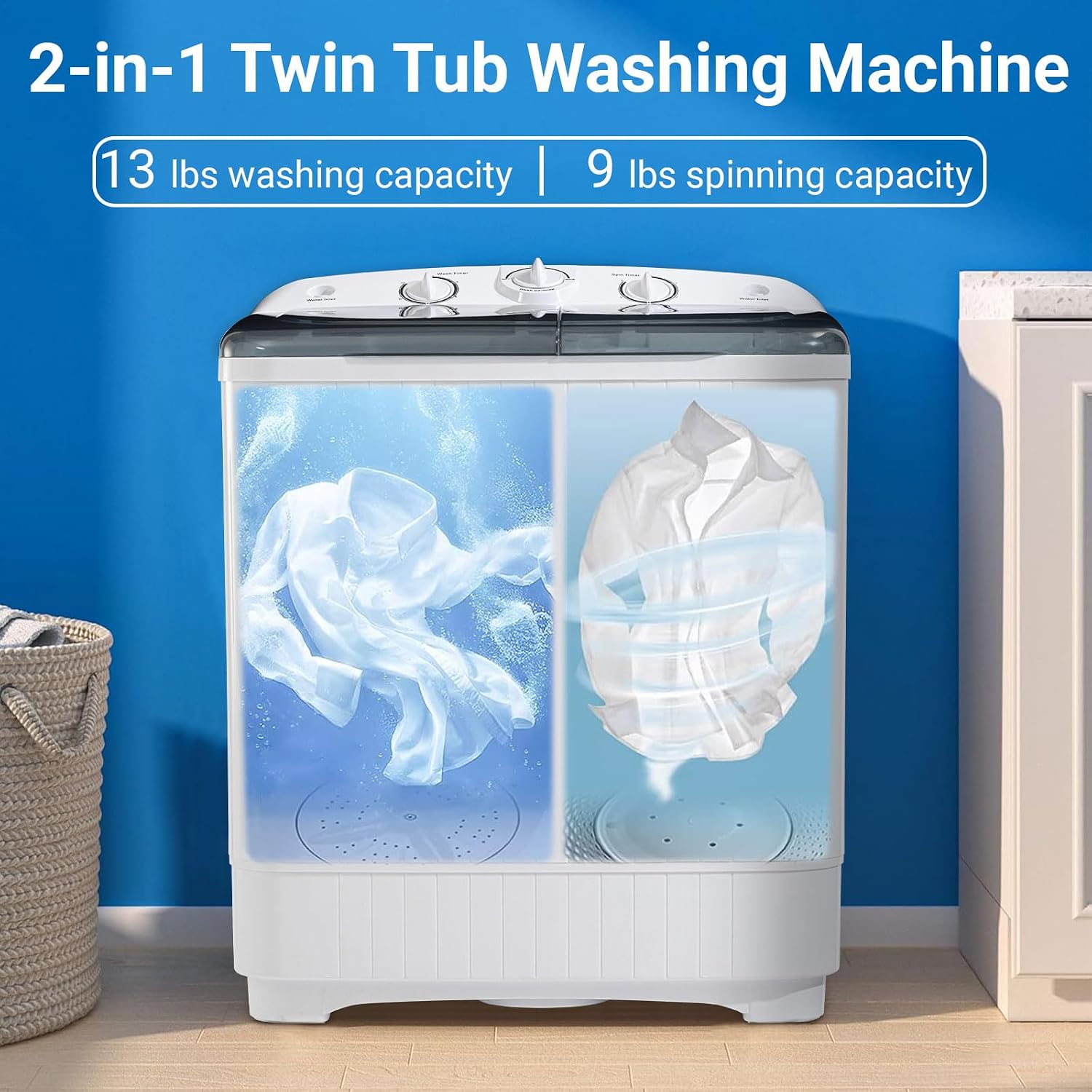 Erivess Portable Washer and Dryer Combo Set, 1.8 Cu.Ft Portable Clothes Dryers with 5 Modes, 22 lbs Twin Tub Washing Machine, Compact Washer and Dryer for Apartment, RV, Dorm, Home