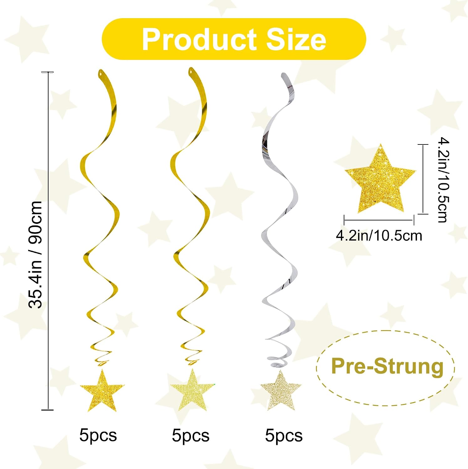 BEISHIDA Gold Glitter Stars Hanging Swirls Pre-Strung Hanging Ornament Decorations for Wedding Anniversary Retirement Graduation New Year Birthday Party Decorations,Pack of 15