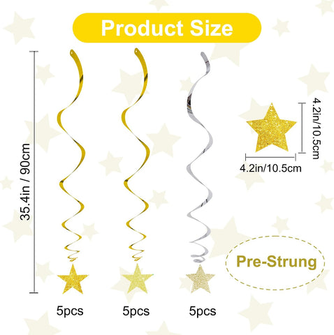 BEISHIDA Gold Glitter Stars Hanging Swirls Pre-Strung Hanging Ornament Decorations for Wedding Anniversary Retirement Graduation New Year Birthday Party Decorations,Pack of 15