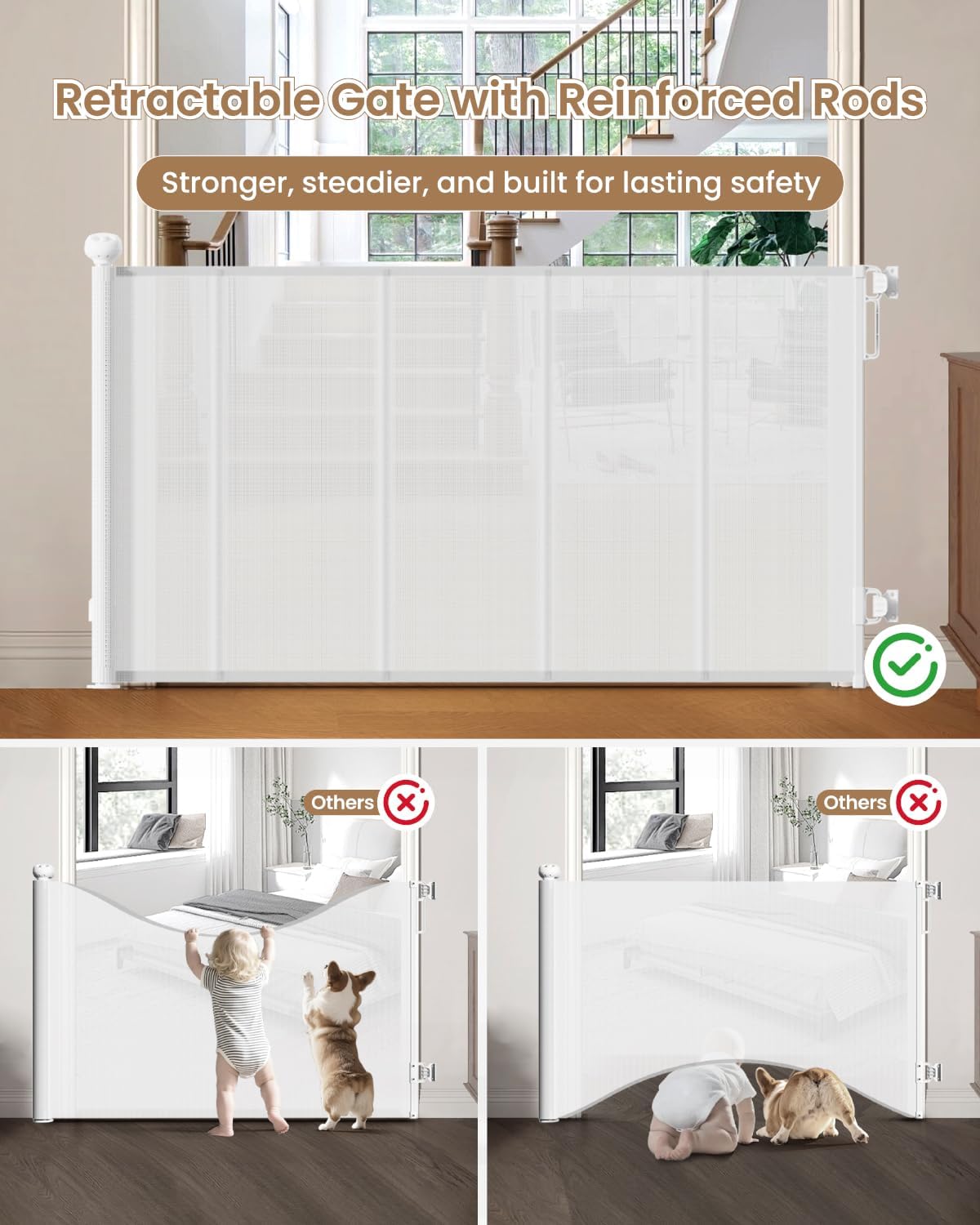 Retractable Mesh Baby Gate, 55 inch Wide Reinforced Mesh Dog Gate
