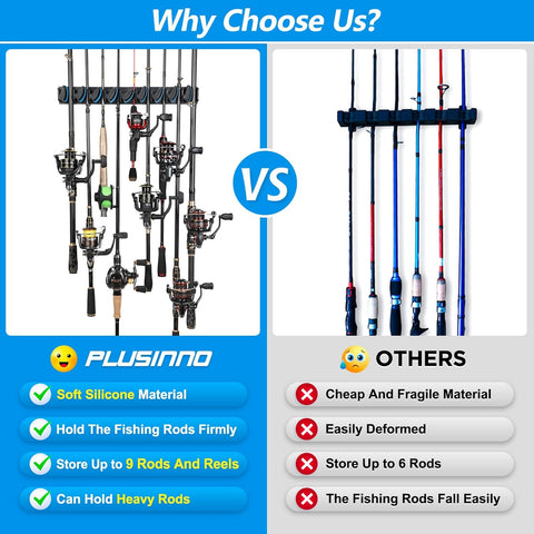 PLUSINNO V9 Vertical Fishing Rod Holder, Wall Mounted Fishing Rod Rack, Fishing Pole Holder Holds Up to 9 Rods or Combos, Fishing Rod Holders for Garage,Fishing Gear and fishing Gifts for Men