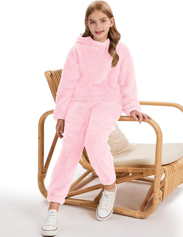 Flygo Girls Fuzzy Pants Set Crop Hoodie and Fleece Pants Sweatsuit