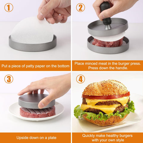 TACGEA Burger Press 150 Patty Papers, Non-Stick Hamburger Patty Maker with Wax Paper, Aluminum Burger Maker for Kitchen BBQ Grill