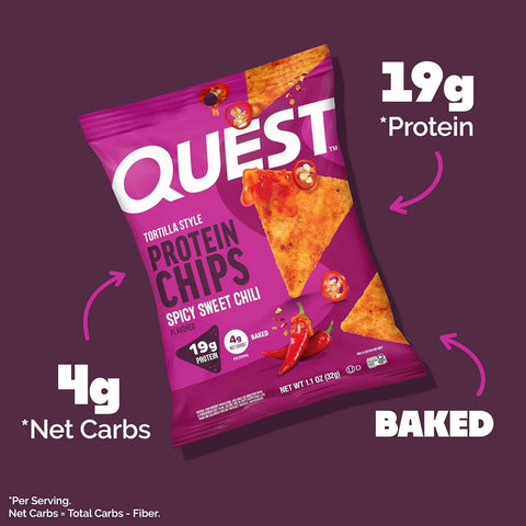 Quest Nutrition Spicy Sweet Chili Tortilla Style Protein Chips, 12 Count | 19g Protein, 4g Net Carbs, Gluten Free, Baked Chips, Blend of Spicy and Sweet Flavors, Individually Wrapped 1.1oz Bags