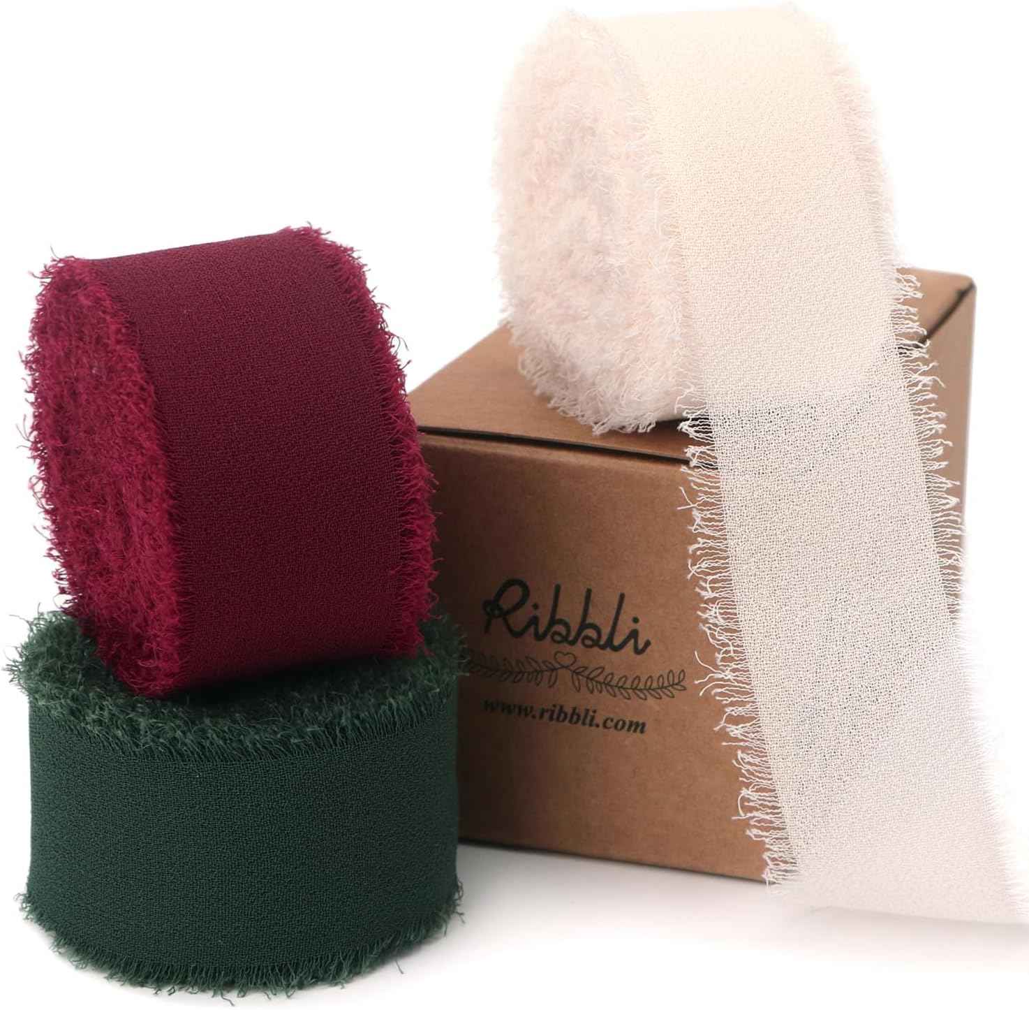 Ribbli Ivory Ribbon 1 Inch x 3 Rolls Total 24 Yards Ivory Handmade Fringe Chiffon Silk Ribbon for Wrapping Wedding Invitations Bridal Bouquets DIY Crafts Home Decor