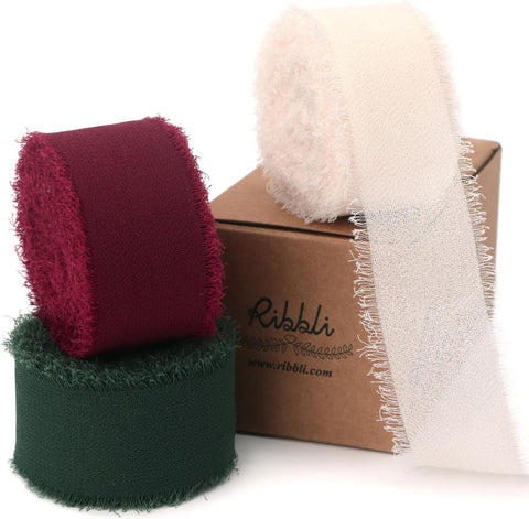 Ribbli Dark Red Ribbon 1 Inch x 3 Rolls Total 24 Yards Handmade Fringe Chiffon Silk Ribbon for Wrapping Wedding Invitations Bridal Bouquets DIY Crafts Home Decor