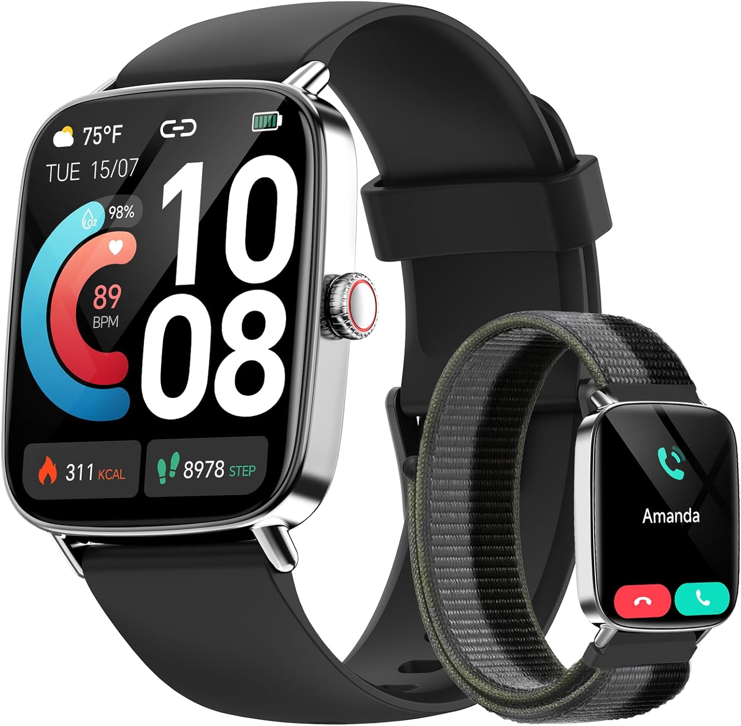Smart Watch for Men Women, 1.85" HD Smartwatch Compatible iPhone/Samsung/Android (Answer/Make Calls), 100+ Sport Modes Fitness Tracker with Heart Rate/Sleep/SpO2 Monitor, IP68 Waterproof, 2 Bands