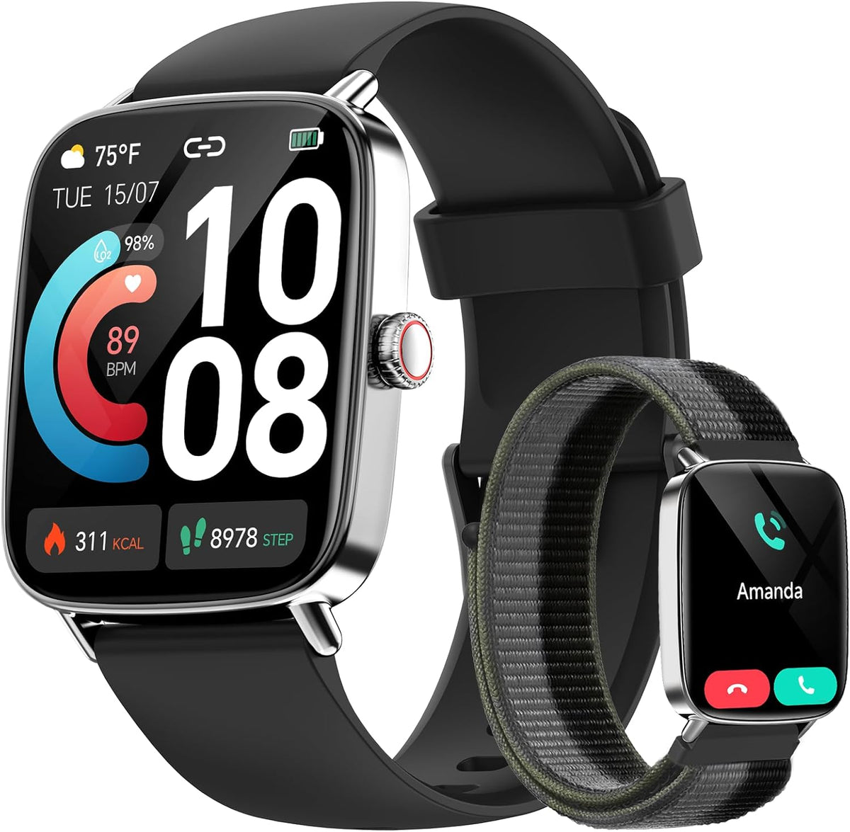Smart Watch for Men Women, 1.85" HD Smartwatch Compatible iPhone/Samsung/Android (Answer/Make Calls), 100+ Sport Modes Fitness Tracker with Heart Rate/Sleep/SpO2 Monitor, IP68 Waterproof, 2 Bands
