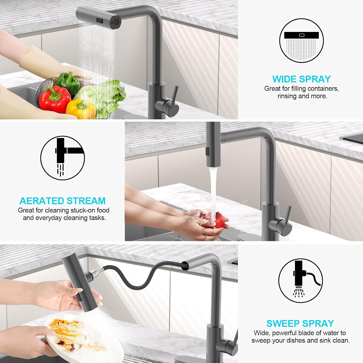 AVSIILE Kitchen Faucets with Pull Down Sprayer & Soap Dispenser, Gun Gray