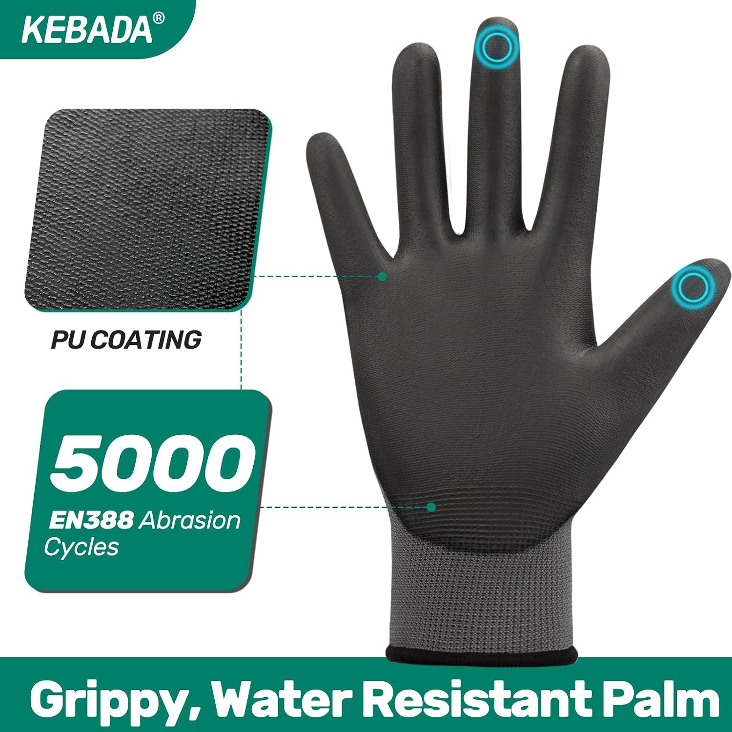 Kebada W1 Safety Work Gloves for Men & Women, Touchscreen, PU Coated