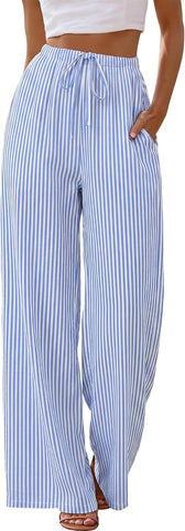 Sampeel Wide Leg Pants for Women Flowy Palazzo Drawstring Elastic Waist Trousers with Pockets Summer Beach Vacation Clothes