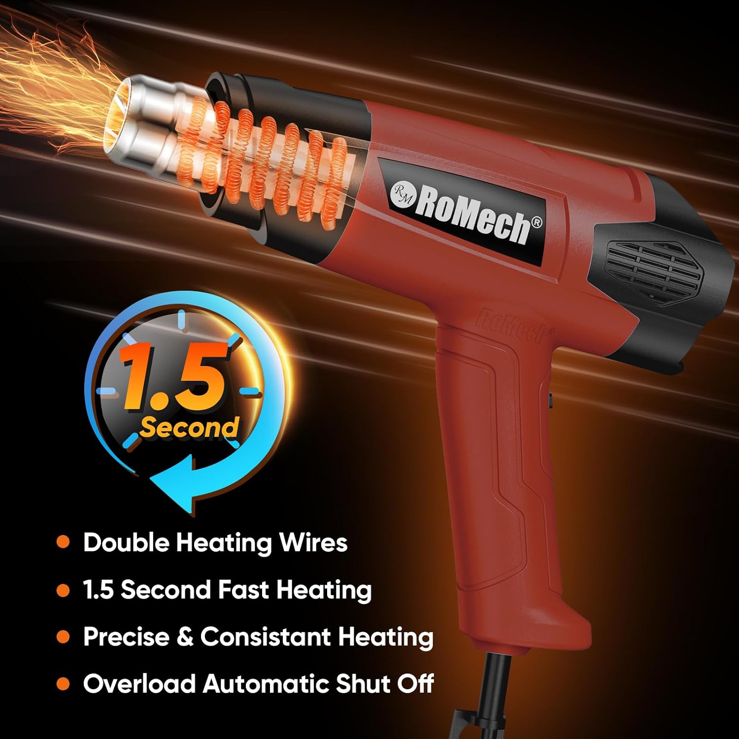 ROMECH Heat Gun, Heavy Duty Fast Heating, Variable Control 120°F~1200°F (50℃-500℃) 4 Nozzles Heat Gun for Crafting, Shrink Tubing,Vinyl Wrap (Red)