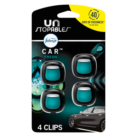 Febreze Unstopables Car Odor-Fighting Car Freshener Vent Clip Fresh Scent, .07 oz. Car Vent Clip, Pack of 4