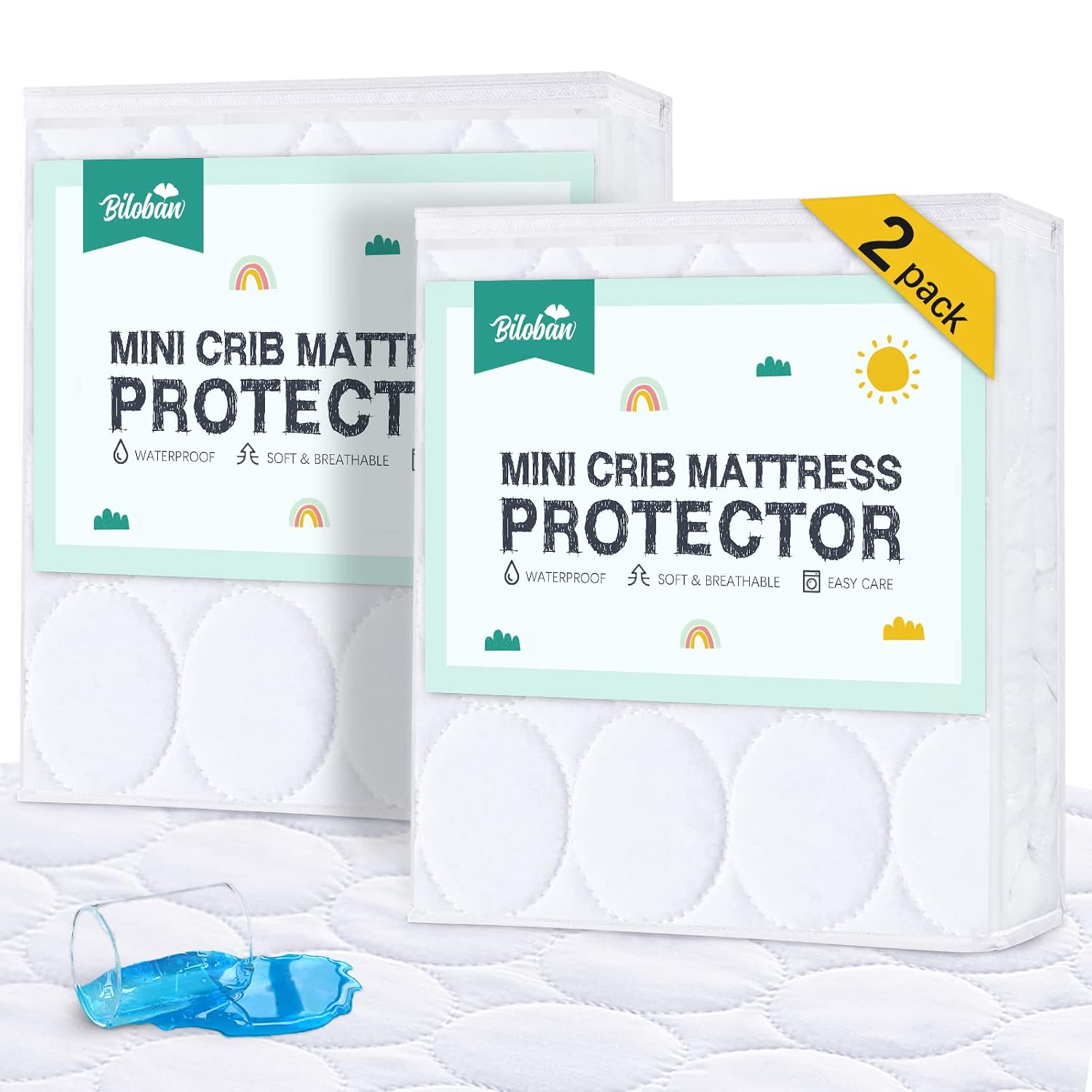 Mini Crib Mattress Protector Sheets Waterproof 2 Pack, 38"x24" White