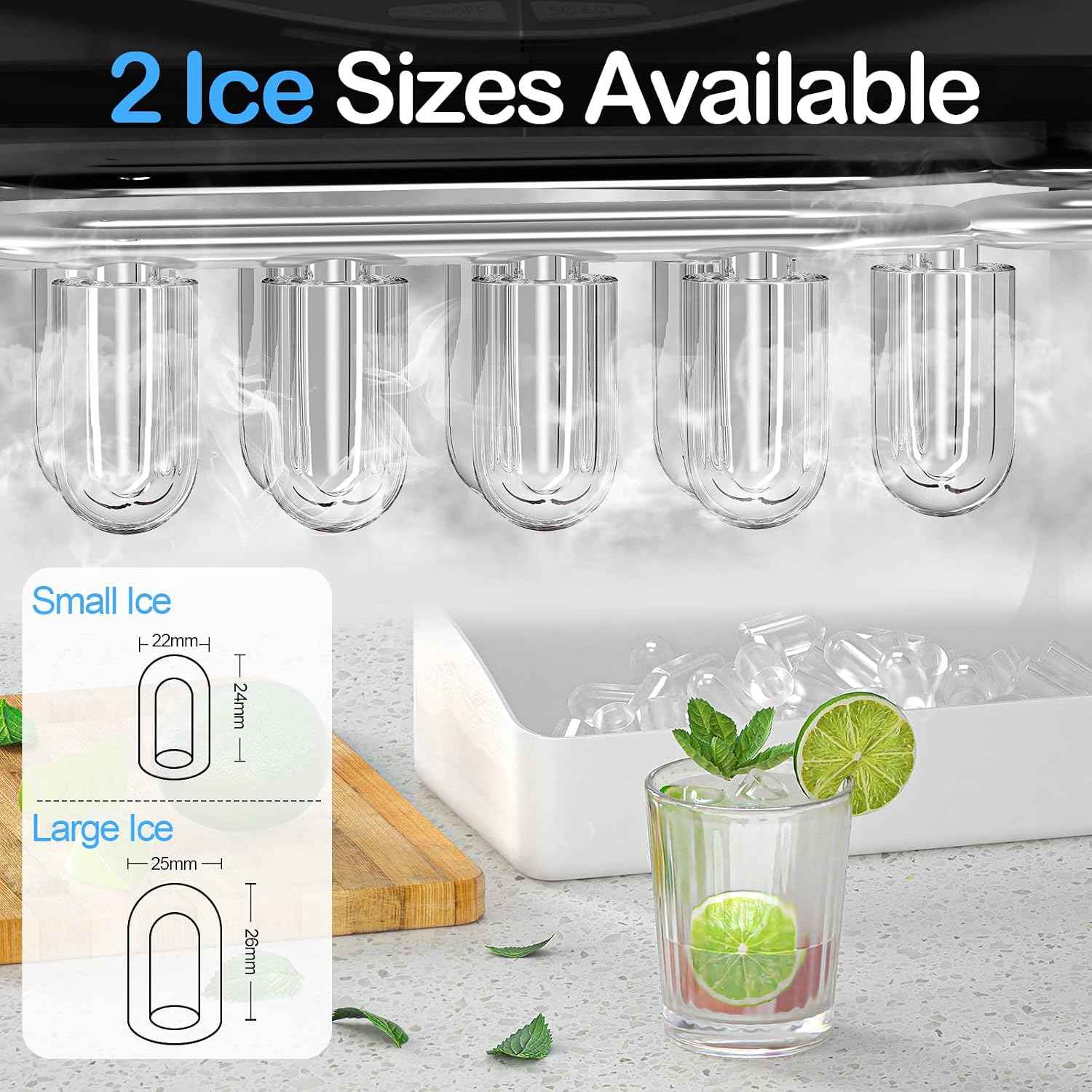 SPECILITE Ice Makers Countertop, Compact Counter Machine, Self Cleaning, 26L/24H, 9 Ice Cubes S/L Pellet in 6-8 Mins, Portable Icemaker with Pouch/Bag/Scoop/Basket for Home Kitchen Office Bar (Black)