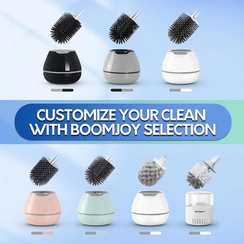 BOOMJOY Toilet Brush and Holder Set, Silicone Toilet Bowl Cleaner Brush, Bathroom Cleaning Bowl Kit with Tweezers, Bathroom Accessories with Aluminum Handle - White