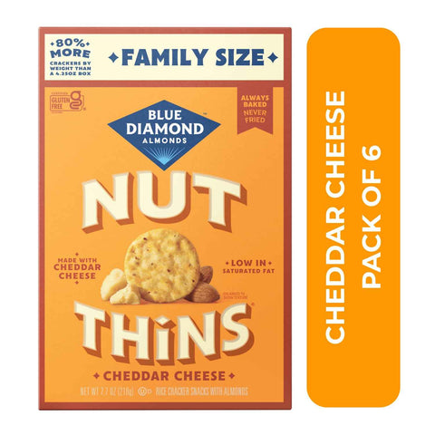 Blue Diamond Almonds Nut-Thins Gluten Free Cracker Crisps, Cheddar Cheese, Family Size, 7.7 oz (Pack of 6)
