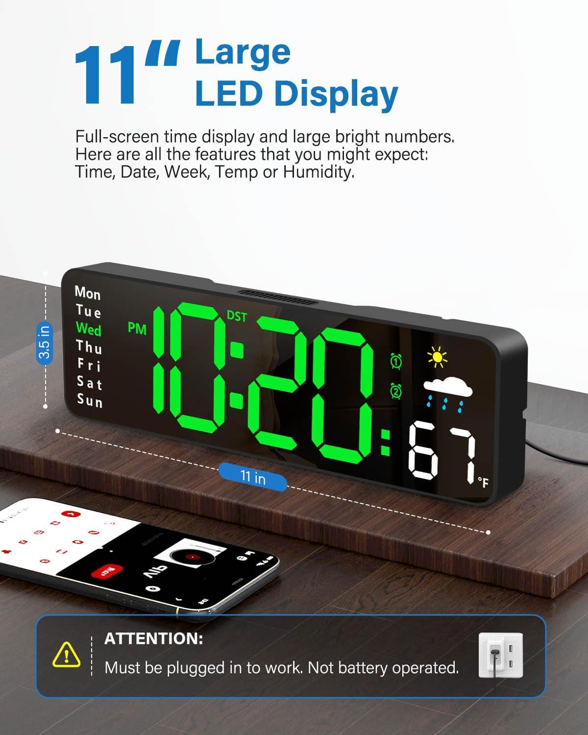 Digital Wall Clock, Digital Clock Large Display with Remote Control, Corded LED Alarm Clocks with Date, Week, Temp, Humidity, Auto DST, Countdown, for Living Room Bedroom Classroom Office (Green)